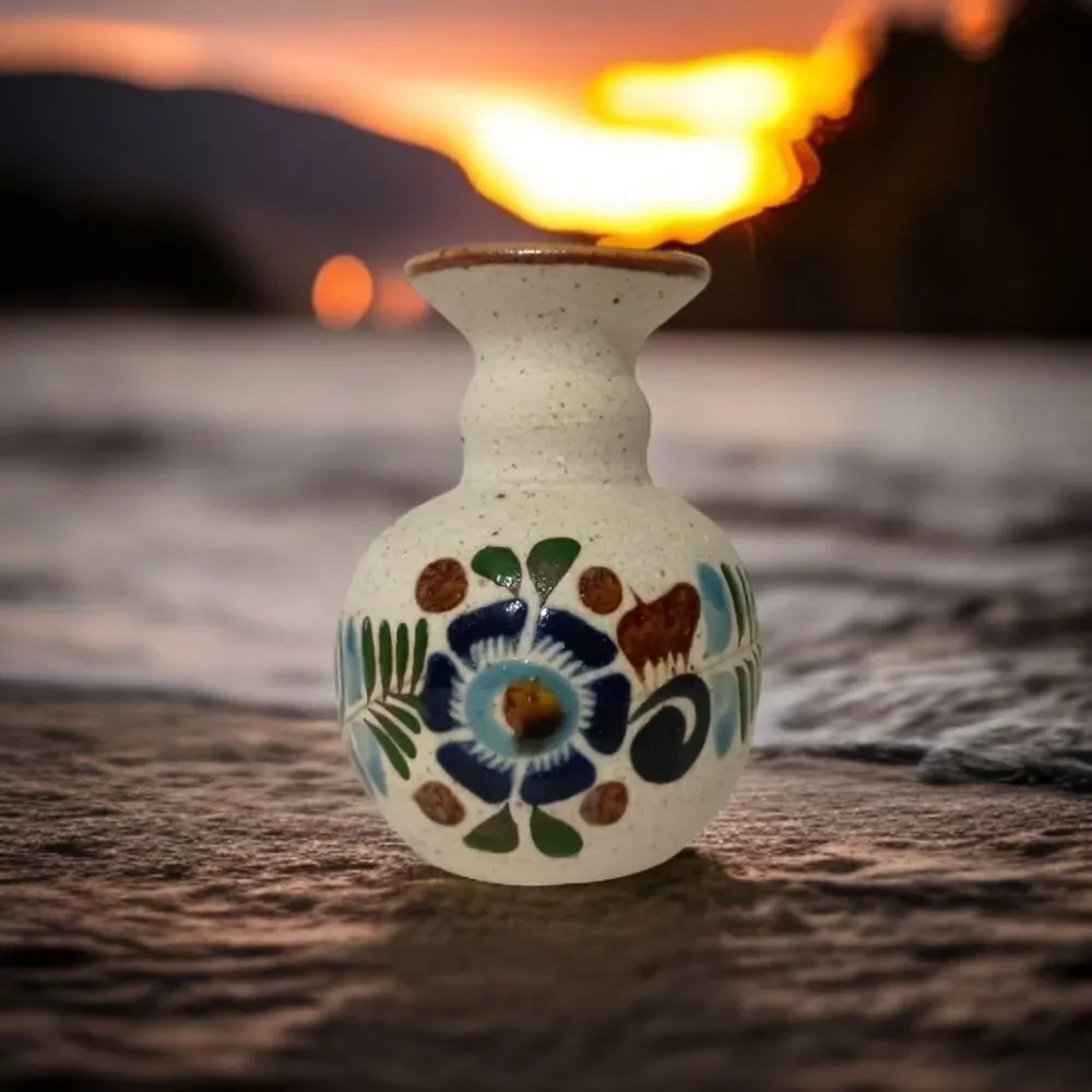 Tonala Pottery Bud Vase MINI Mexico Floral Sandstone Handpainted Signed Western.